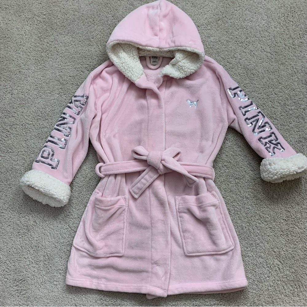 PINK Victoria's Secret ABOUT IT Sequin SHERPA Plush Fuzzy BLING Hoodie ROBE M/L